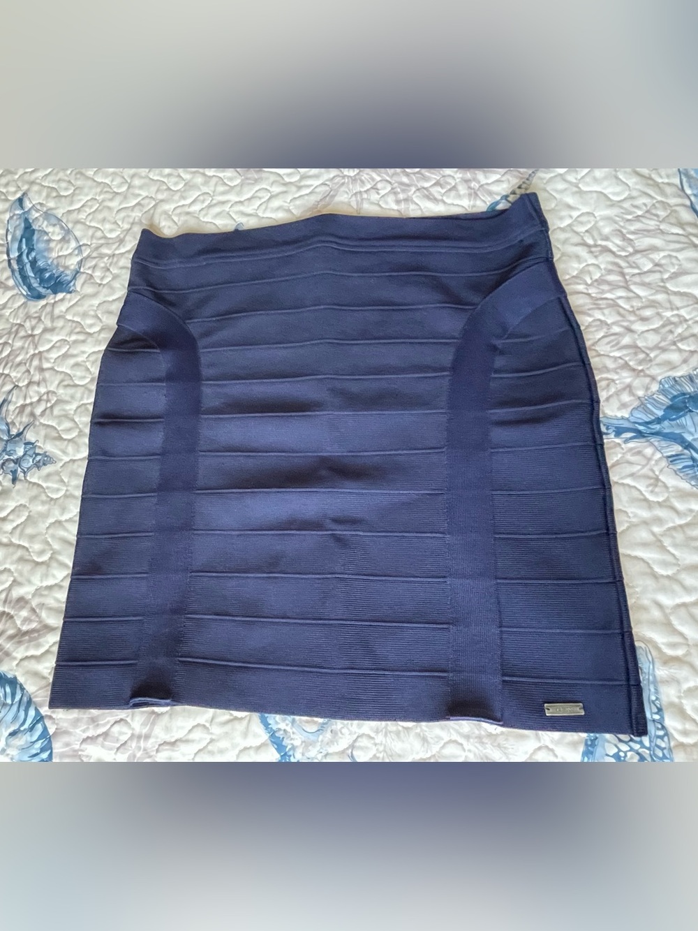 Guess Navy Ribbed Bandage Skirt with Logo Plaque